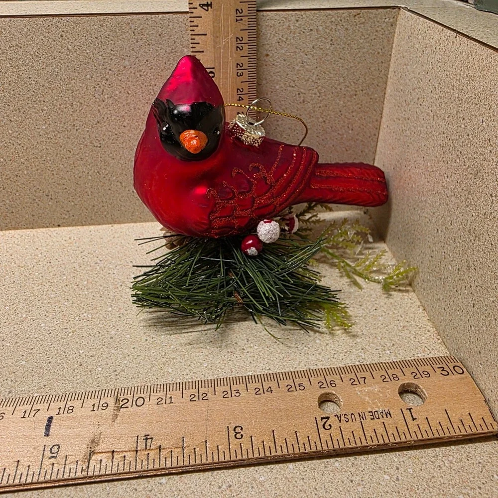 Vintage Blown Glass Cardinal Bird  Christmas Ornament Red Glitter Pinecone Base
